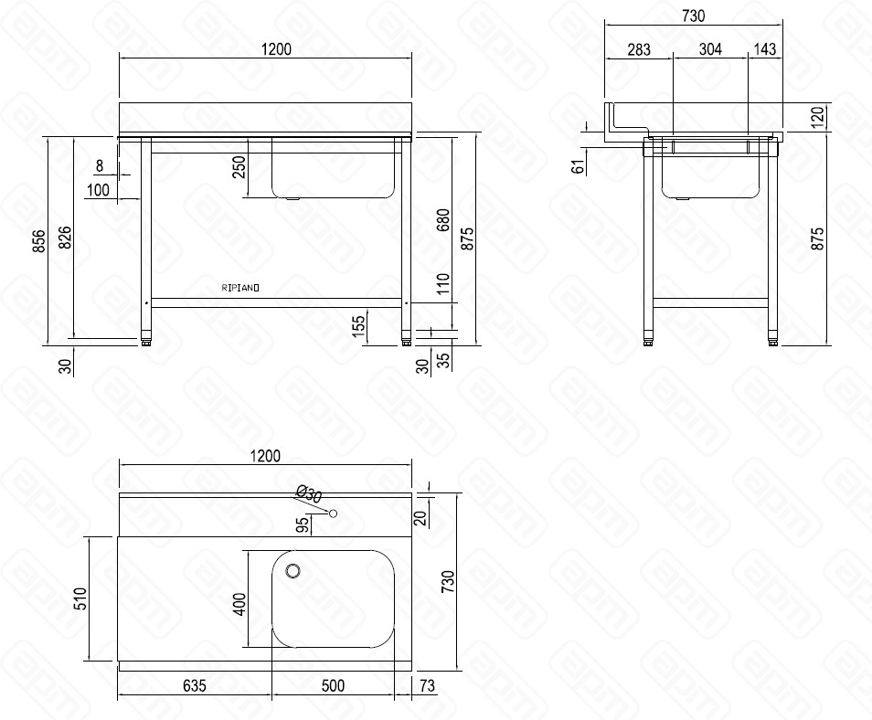 СТОЛ ДГРЯЗПОСУДЫ DIHR T55 1200 DX СПЕЦ ВАННА СПРАВА